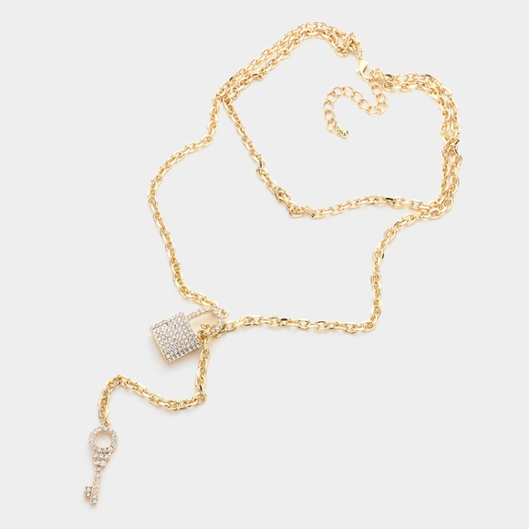Gold Rhinestone Lock & Key Pendant Toggle Necklace Chain Crystal Link Statement - Picture 2 of 2